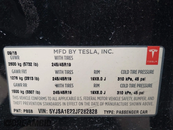 2018 Tesla Model S 75D with VIN 5YJSA1E22JF282828, listed as a IAAI auction lot 41595543 with 72,571 mi miles and . Bid and sale history available at DreamBid. Image 9.