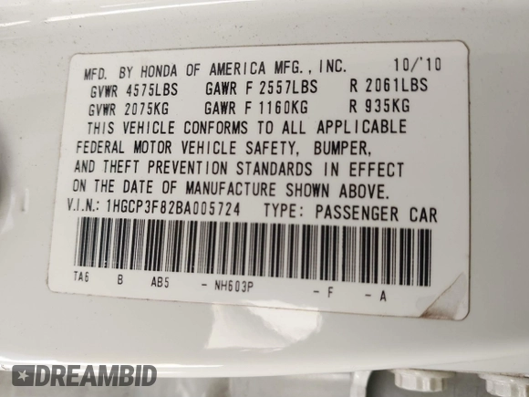 2011 Honda Accord EX-L with VIN 1HGCP3F82BA005724, listed as a IAAI auction lot 41782121 with 184,223 mi miles and . Bid and sale history available at DreamBid. Image 9.