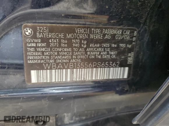 2006 BMW 3 Series 325i with VIN WBAVB13556PS65362, listed as a Copart auction lot 51945805 with 0 mi miles and Salvage Title. Bid and sale history available at carsss.com. Image 12.