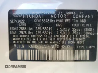2022 Hyundai Santa Fe Hybrid Limited with VIN KM8S5DA16NU059302, listed as a Copart auction lot 85314554 with 18,405 mi miles and Salvage Title. Bid and sale history available at carsss.com. Image 15.