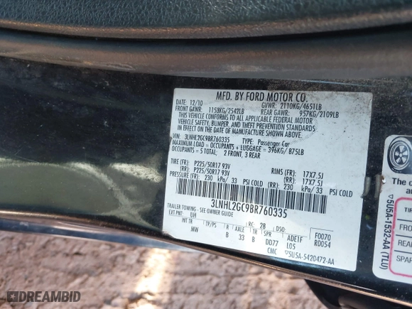 2011 Lincoln MKZ with VIN 3LNHL2GC9BR760335, listed as a IAAI auction lot 41587081 with 178,192 mi miles. Bid and sale history available at carsss.com. Image 9.