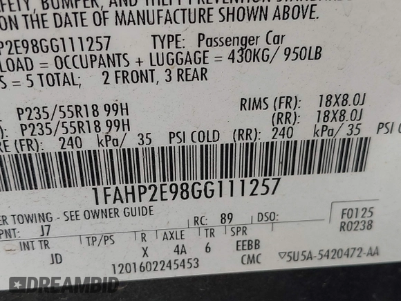 2016 Ford Taurus SEL with VIN 1FAHP2E98GG111257, listed as a IAAI auction lot 40538192 with 75,203 mi miles and . Bid and sale history available at DreamBid. Image 9.