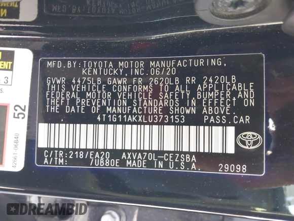 2020 Toyota Camry SE with VIN 4T1G11AKXLU373153, listed as a IAAI auction lot 40631251 with 53,500 mi miles. Bid and sale history available at carsss.com. Image 9.