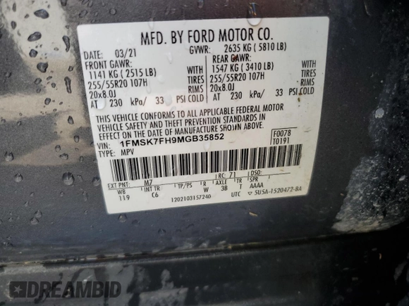 2021 Ford Explorer Limited with VIN 1FMSK7FH9MGB35852, listed as a Copart auction lot 52357815 with 100,954 mi miles and Salvage title. Bid and sale history available at DreamBid. Image 13.