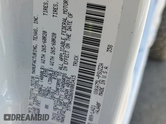 2022 Toyota Tundra Platinum with VIN 5TFNA5DB6NX003415, listed as a Copart auction lot 60794455 with 52,022 mi miles and Salvage title. Bid and sale history available at DreamBid. Image 13.