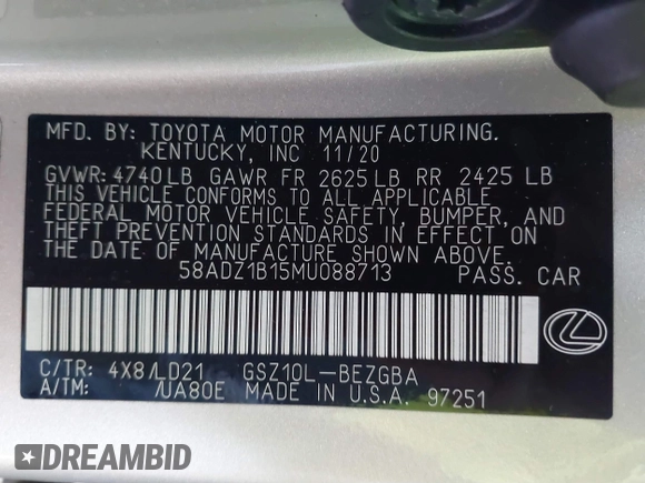 2021 Lexus ES with VIN 58ADZ1B15MU088713, listed as a IAAI auction lot 41756092 with 26,888 mi miles. Bid and sale history available at carsss.com. Image 9.