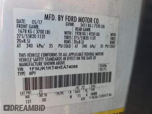 2017 Ford Expedition Max Limited with VIN 1FMJK1KT4HEA74088, listed as a Copart auction lot 62376465 with 128,983 mi miles and Salvage title. Bid and sale history available at DreamBid. Image 14.