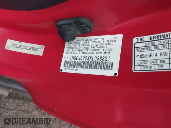 1999 Honda Civic DX with VIN 1HGEJ622XXL038821, listed as a IAAI auction lot 41725988 with Not Provided miles. Bid and sale history available at carsss.com. Image 9.