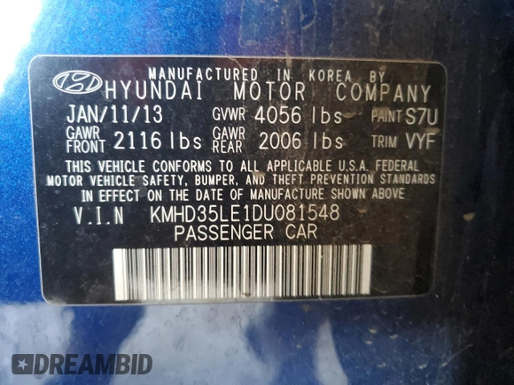 2013 Hyundai Elantra with VIN KMHD35LE1DU081548, listed as a Copart auction lot 59890855 with 112,527 mi miles and Salvage title. Bid and sale history available at DreamBid. Image 12.