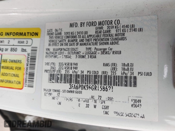 2016 Ford Fusion Titanium with VIN 3FA6P0K96GR158621, listed as a IAAI auction lot 41678349 with 182,162 mi miles. Bid and sale history available at carsss.com. Image 9.
