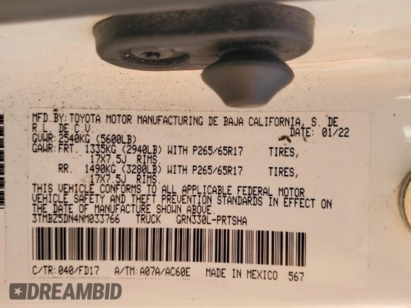 2022 Toyota Tacoma SR5 with VIN 3TMBZ5DN4NM033766, listed as a Copart auction lot 49420715 with 42,234 mi miles and Clean title. Bid and sale history available at DreamBid. Image 13.