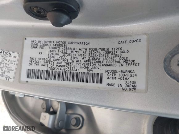 2002 Toyota Highlander with VIN JTEGF21A620053347, listed as a IAAI auction lot 41393410 with 77,753 mi miles. Bid and sale history available at carsss.com. Image 9.