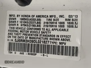 2013 Honda CR-V LX with VIN 5J6RM3H39DL021827, listed as a IAAI auction lot 42030806 with 183,465 mi miles and . Bid and sale history available at DreamBid. Image 9.