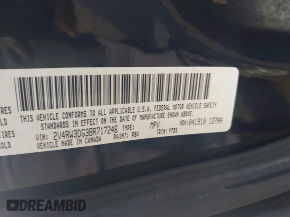 2011 Volkswagen Routan SE z VIN 2V4RW3DG3BR717246, wystawiony jako IAAI lot #42196697 z przebiegiem 155 375 mil mil oraz . Historia ofert i sprzedaży dostępna na DreamBid. Obrazek 9.