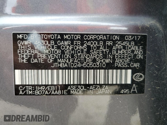2017 Lexus IS 200t with VIN JTHBA1D24H5050310, listed as a Copart auction lot 55389705 with 79,269 mi miles and Salvage title. Bid and sale history available at DreamBid. Image 13.