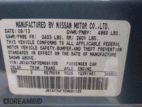 2014 Infiniti Q50 Hybrid Sport with VIN JN1AV7AP7EM691105, listed as a IAAI auction lot 41564483 with Not Provided miles and . Bid and sale history available at DreamBid. Image 9.