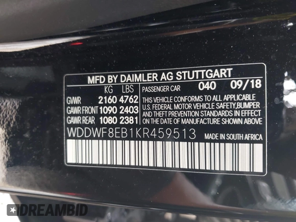 2019 Mercedes-Benz C 300 with VIN WDDWF8EB1KR459513, listed as a IAAI auction lot 42242025 with 35,138 mi miles and . Bid and sale history available at DreamBid. Image 9.