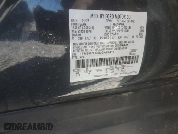 2022 Ford Explorer Limited with VIN 1FMSK7FH5NGA64411, listed as a Copart auction lot 53091785 with 49,971 mi miles and Salvage Title. Bid and sale history available at carsss.com. Image 13.