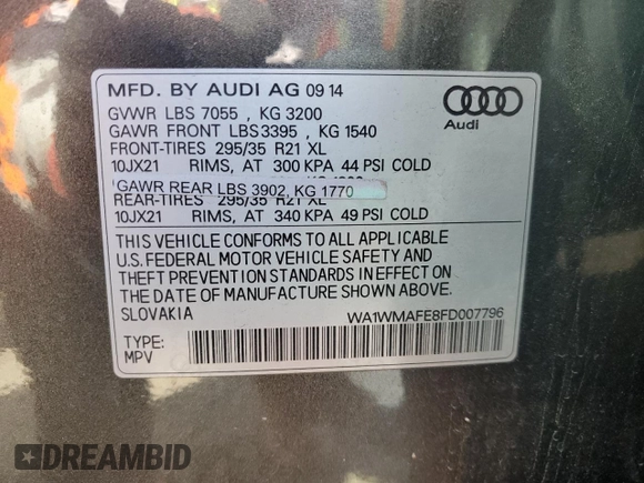 2015 Audi Q7 3.0L TDI Prestige with VIN WA1WMAFE8FD007796, listed as a Copart auction lot 46927935 with 101,847 mi miles and Salvage Title. Bid and sale history available at carsss.com. Image 13.