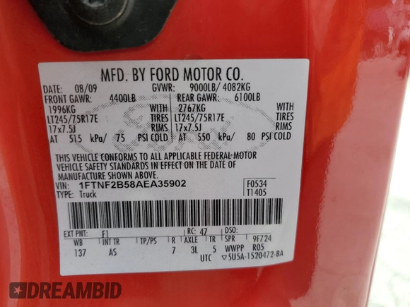2010 Ford F-250 XL with VIN 1FTNF2B58AEA35902, listed as a Copart auction lot 66661294 with 134,687 mi miles and Salvage title. Bid and sale history available at DreamBid. Image 14.