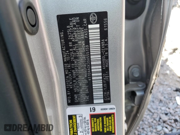 2025 Toyota Camry LE with VIN 4T1DAACK3SU555159, listed as a Copart auction lot 52359685 with 6,554 mi miles and Non Repairable. Bid and sale history available at DreamBid. Image 12.