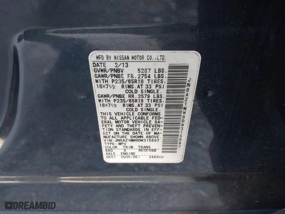 2013 Nissan Murano SL with VIN JN8AZ1MW8DW315697, listed as a IAAI auction lot 41421798 with 202,423 mi miles. Bid and sale history available at carsss.com. Image 9.