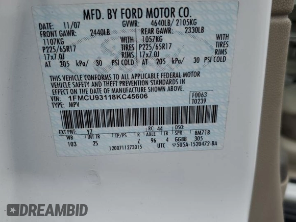 2008 Ford Escape XLT с VIN 1FMCU93118KC45606, выставлен на аукционе Copart как лот 58634705 с пробегом 122 209 миль миль и Списание • Salvage title. История ставок и продаж доступна на DreamBid. Изображение 13.