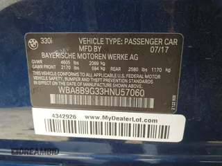 2017 BMW 3 Series 330i with VIN WBA8B9G33HNU57060, listed as a IAAI auction lot 42086418 with 78,356 mi miles and . Bid and sale history available at DreamBid. Image 9.