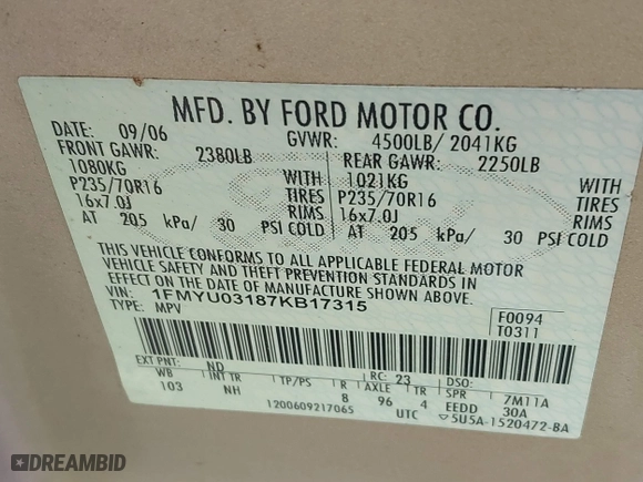 2007 Ford Escape XLT with VIN 1FMYU03187KB17315, listed as a IAAI auction lot 41864785 with 199,225 mi miles. Bid and sale history available at carsss.com. Image 9.