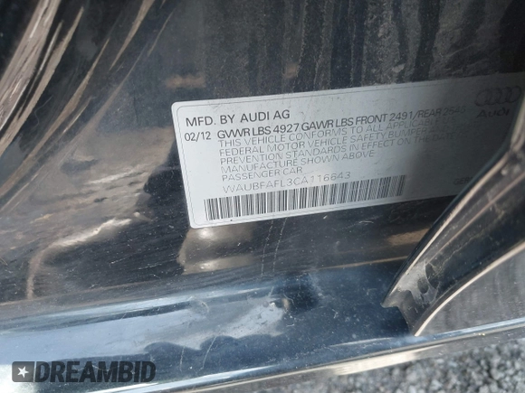 2012 Audi A4 Premium z VIN WAUBFAFL3CA116643, wystawiony jako IAAI lot #42227978 z przebiegiem 160 132 mil mil oraz . Historia ofert i sprzedaży dostępna na DreamBid. Obrazek 9.
