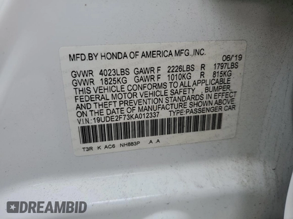 2019 Acura ILX Premium with VIN 19UDE2F73KA012337, listed as a Copart auction lot 60401005 with 110,825 mi miles and Salvage title. Bid and sale history available at DreamBid. Image 12.