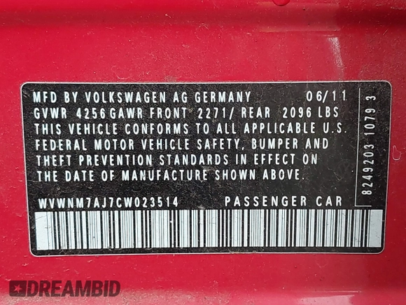 2012 Volkswagen Golf TDI with VIN WVWNM7AJ7CW023514, listed as a IAAI auction lot 41139884 with 110,724 mi miles and . Bid and sale history available at DreamBid. Image 9.