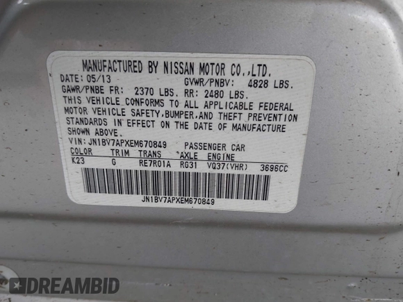 2014 Infiniti Q50 Sport with VIN JN1BV7APXEM670849, listed as a IAAI auction lot 41939363 with 124,766 mi miles and . Bid and sale history available at DreamBid. Image 9.