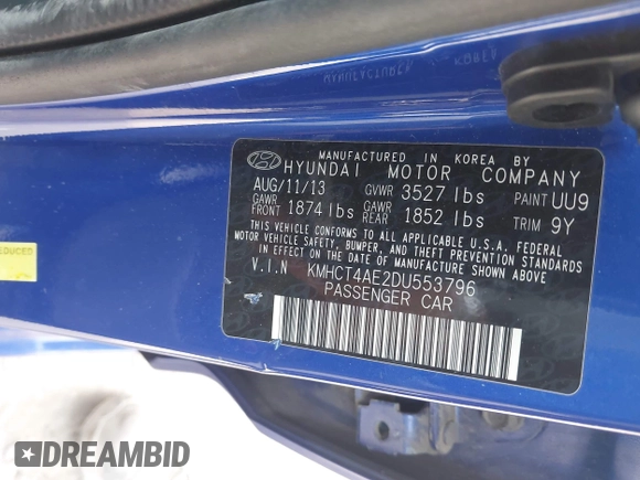 2013 Hyundai Accent GLS with VIN KMHCT4AE2DU553796, listed as a IAAI auction lot 42064167 with 173,799 mi miles. Bid and sale history available at carsss.com. Image 9.