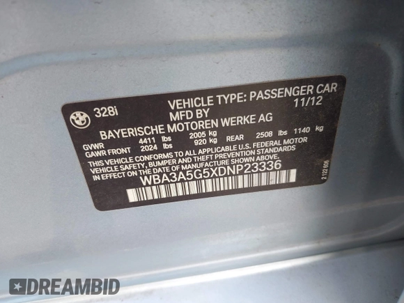 2013 BMW 3 Series 328i with VIN WBA3A5G5XDNP23336, listed as a IAAI auction lot 41895867 with 125,137 mi miles. Bid and sale history available at carsss.com. Image 9.