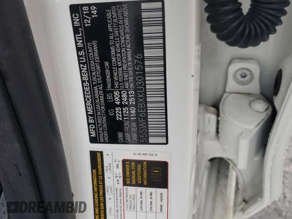 2019 Mercedes-Benz C 43 AMG with VIN 55SWF6EBXKU301576, listed as a Copart auction lot 56578005 with 98,509 mi miles and Salvage title. Bid and sale history available at DreamBid. Image 12.