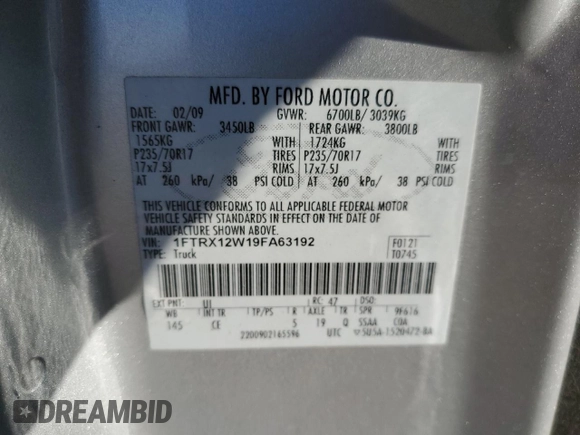 2009 Ford F-150 STX with VIN 1FTRX12W19FA63192, listed as a Copart auction lot 86634704 with 126,224 mi miles and Non Repairable. Bid and sale history available at carsss.com. Image 12.
