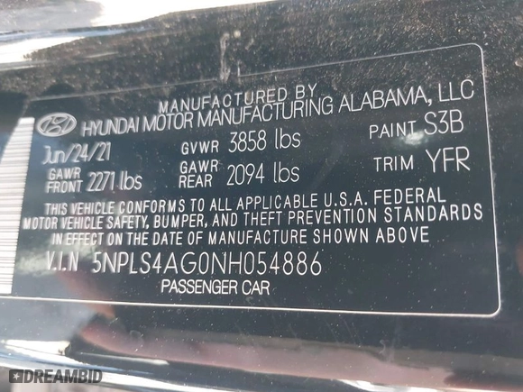 2022 Hyundai Elantra SEL with VIN 5NPLS4AG0NH054886, listed as a IAAI auction lot 41996906 with 132,014 mi miles. Bid and sale history available at carsss.com. Image 9.
