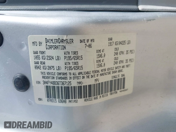 2006 Chrysler PT Cruiser с VIN 3A4FY48B36T367125, выставлен на аукционе IAAI как лот 42461400 с пробегом 181 767 миль миль и . История ставок и продаж доступна на DreamBid. Изображение 9.