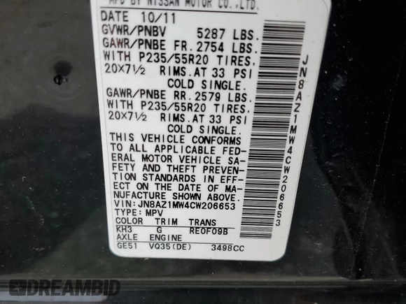 2012 Nissan Murano SV с VIN JN8AZ1MW4CW206653, выставлен на аукционе Copart как лот 56156635 с пробегом Не указан миль и Списание • Salvage title. История ставок и продаж доступна на DreamBid. Изображение 12.