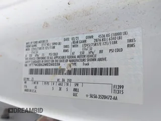 2021 Ford F-250 XL z VIN 1FT7W2B62MED60339, wystawiony jako IAAI lot #42294873 z przebiegiem 42 922 mil mil oraz . Historia ofert i sprzedaży dostępna na DreamBid. Obrazek 8.