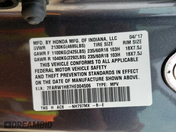 2017 Honda CR-V EX-L with VIN 7FARW1H87HE004506, listed as a Copart auction lot 52672355 with 43,519 mi miles and Salvage Title. Bid and sale history available at DreamBid. Image 16.