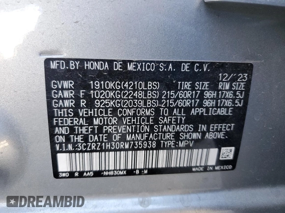 2024 Honda HR-V LX with VIN 3CZRZ1H30RM735938, listed as a Copart auction lot 47836565 with 8,157 mi miles and Salvage Title. Bid and sale history available at carsss.com. Image 14.