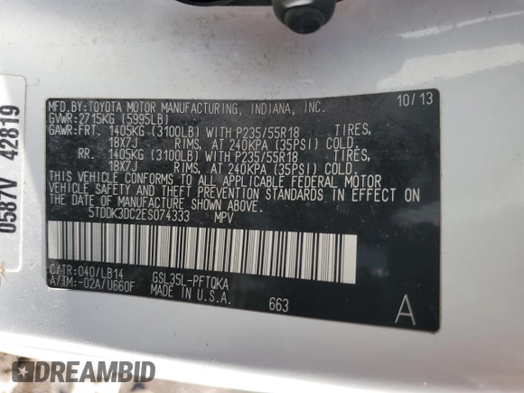 2014 Toyota Sienna Ltd with VIN 5TDDK3DC2ES074333, listed as a Copart auction lot 50021345 with 116,870 mi miles and Salvage Title. Bid and sale history available at carsss.com. Image 16.
