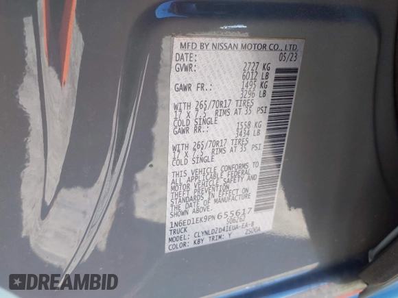 2023 Nissan Frontier SV with VIN 1N6ED1EK9PN655617, listed as a IAAI auction lot 41631837 with 70,000 mi miles and . Bid and sale history available at DreamBid. Image 9.