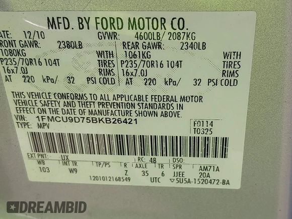 2011 Ford Escape XLT с VIN 1FMCU9D75BKB26421, выставлен на аукционе IAAI как лот 42421183 с пробегом 151 693 миль миль и . История ставок и продаж доступна на DreamBid. Изображение 9.
