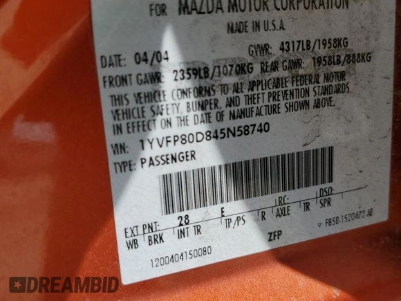 2004 Mazda Mazda6 s with VIN 1YVFP80D845N58740, listed as a Copart auction lot 51483185 with 130,196 mi miles and Salvage Title. Bid and sale history available at carsss.com. Image 12.