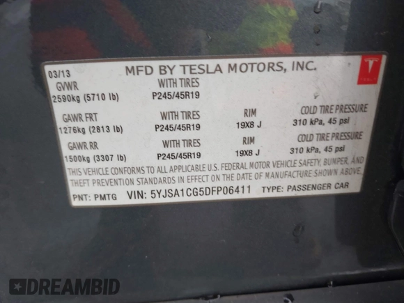 2013 Tesla Model S с VIN 5YJSA1CG5DFP06411, выставлен на аукционе IAAI как лот 41079914 с пробегом 266 968 миль миль и . История ставок и продаж доступна на DreamBid. Изображение 9.