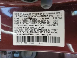 2015 Honda CR-V EX-L with VIN 2HKRM4H73FH638405, listed as a Copart auction lot 52294205 with 102,984 mi miles and Salvage Title. Bid and sale history available at carsss.com. Image 15.