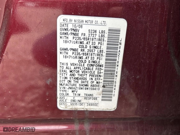 2009 Nissan Murano S with VIN JN8AZ18W19W159410, listed as a Copart auction lot 51686745 with 175,982 mi miles and Clean Title. Bid and sale history available at carsss.com. Image 10.